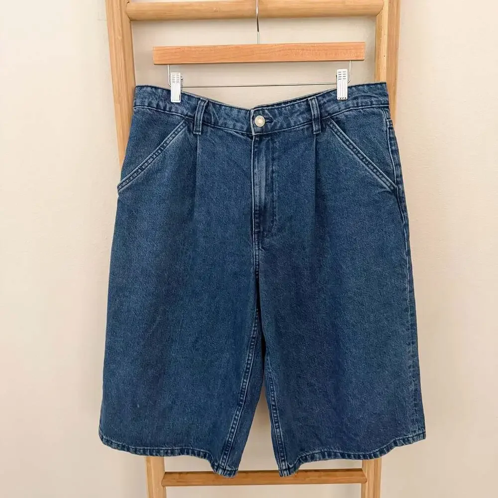 Zara Women’s Denim Bermuda Shorts Size 8 Blue High Rise Pleated Long Jorts